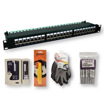 Dynamix Cat6A 10G Shielded Certified Patch Panel with LAN Tester Stripper Gloves Markers Patch Panels